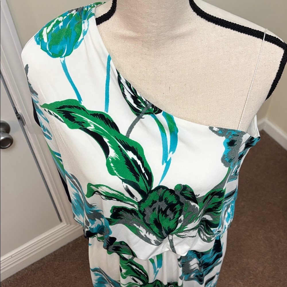 Dress Barn One-Shoulder Green and Blue Floral Dress size 12 - Picture 2 of 9
